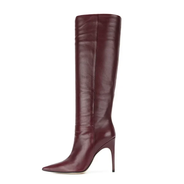 Leather Dark Red 10cm Thin High Heel Pointed Toe Dressy Winter Long Women Boots Shoes - Image 6