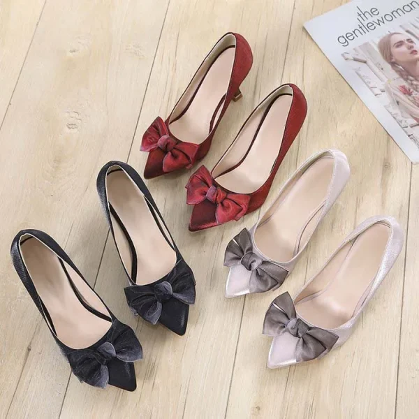 2025 New High Heels for Ladies Fashionable Office Shoes with Pointy Toe, Shallow Opening, Satin Bow High Heels Shoes for Women - Image 2