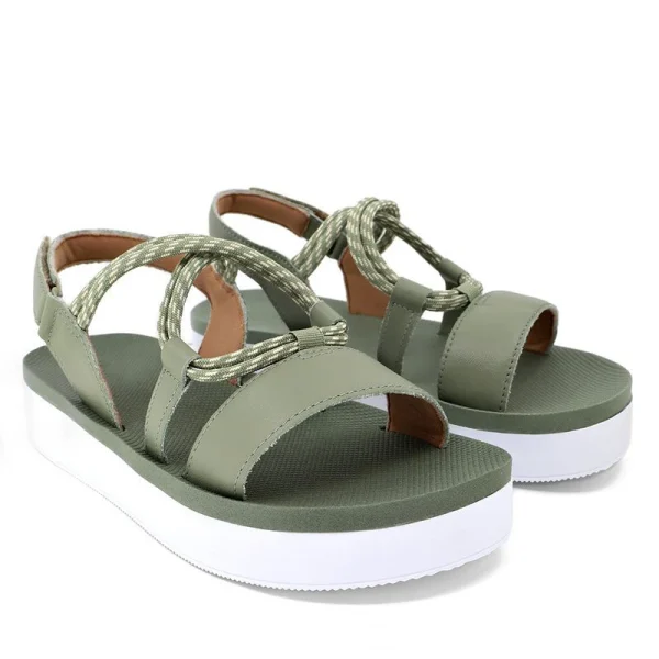 Flat Sandals Women 2025 New Green Summer Flat Shoes Fairy Wind Leather Beach Sandals - Image 2