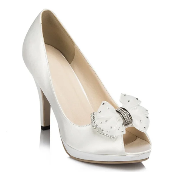 2025 New Style White Satin Upper Open Toe Women Pumps Heeled Sandals for Ladies Leather White Wedding Shoe - Image 5