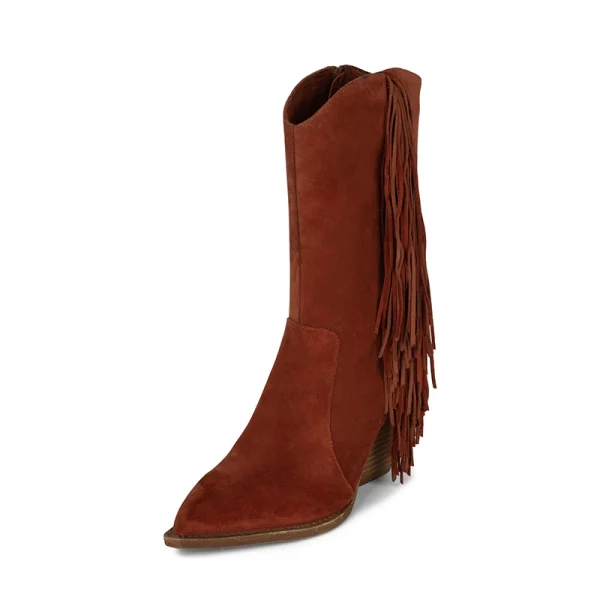 Autumn/winter Vintage Fringe Brown Boots, Flat Calf Upper, Flat Root Cowgirl Boots - Image 4