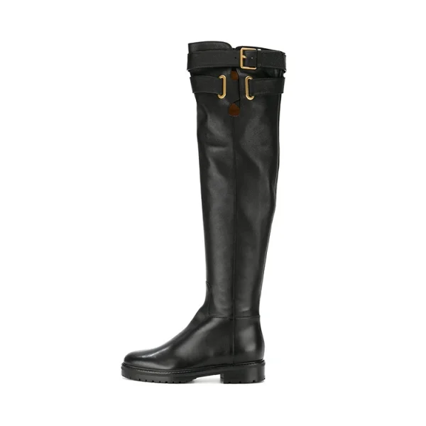 Latest Fashion Style Genuine Leather Strap Buckle Design Round Toe Flat Women Knee Boots Shoes Lady - Image 6