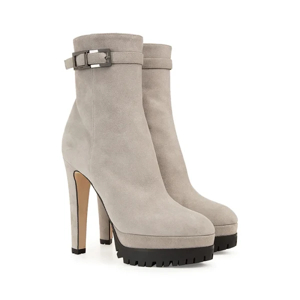 Women, Mid Boots Cow Suede, Stiletto Winter Boots Grey High Quality Silver PU Leather Top Grade Daily Life - Image 2
