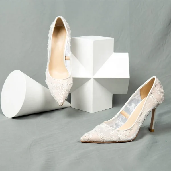Fashion New Design High Quality White Lace Lady Low Heels Women Pump Bridal Wedding Shoes for Bride - Image 6