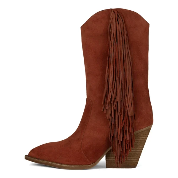 Autumn/winter Vintage Fringe Brown Boots, Flat Calf Upper, Flat Root Cowgirl Boots - Image 2