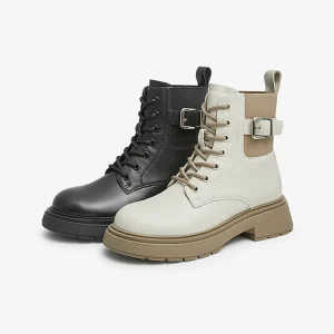 Trend All-match White Flat PU Leather Women's Winter Boots Martin Boots