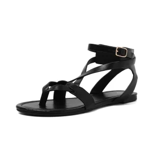 Summer Fashion Black Natural Leather Open Toes Strap Women's Casual Shoes Thong Ladies Flats Sandals
