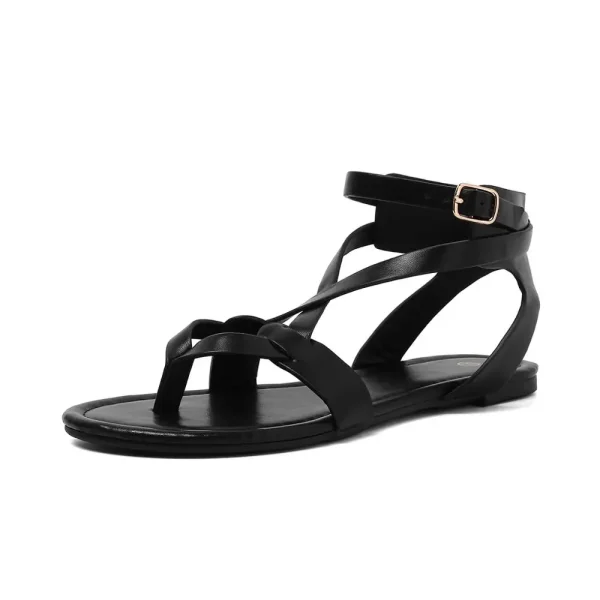 Summer Fashion Black Natural Leather Open Toes Strap Women's Casual Shoes Thong Ladies Flats Sandals