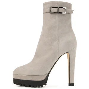 Women, Mid Boots Cow Suede, Stiletto Winter Boots Grey High Quality Silver PU Leather Top Grade Daily Life
