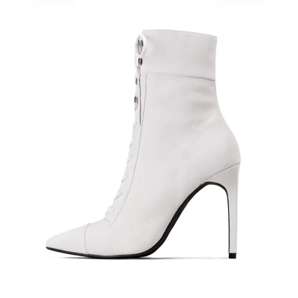 Genuine Leather Upper Lace up and Zipper Pointed Toe Beautiful 7 cm Thin High Heel Rubber Women Fashion Cheap White Gothic Boots - Image 2