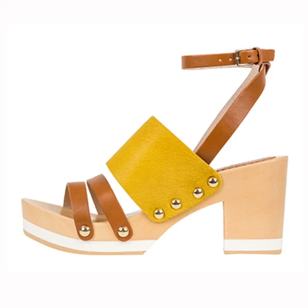 Quality New Fashion for Summer Yellow and Tan Color Women High Heel Wooden Sandals - Image 4