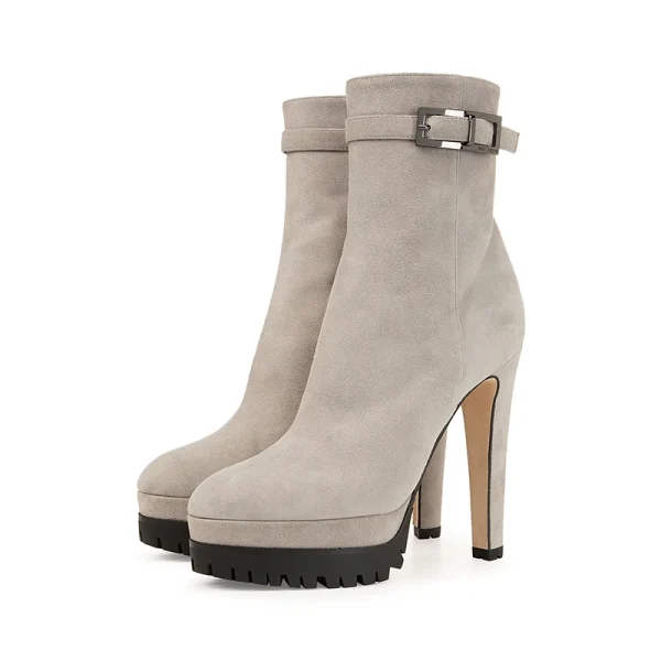 Women, Mid Boots Cow Suede, Stiletto Winter Boots Grey High Quality Silver PU Leather Top Grade Daily Life - Image 3