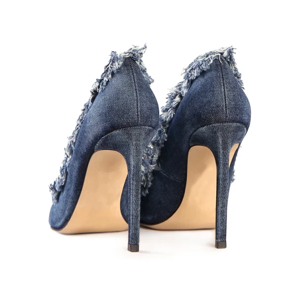 Summer New Design Trend Luxury Comfortable Frayed Denim 10cm High Heel Pointed Toe Women Pumps Shoes - Image 5
