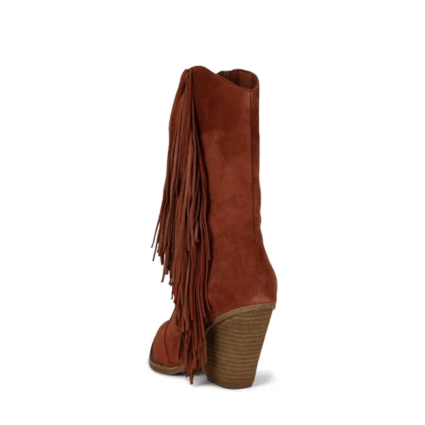 Autumn/winter Vintage Fringe Brown Boots, Flat Calf Upper, Flat Root Cowgirl Boots - Image 5