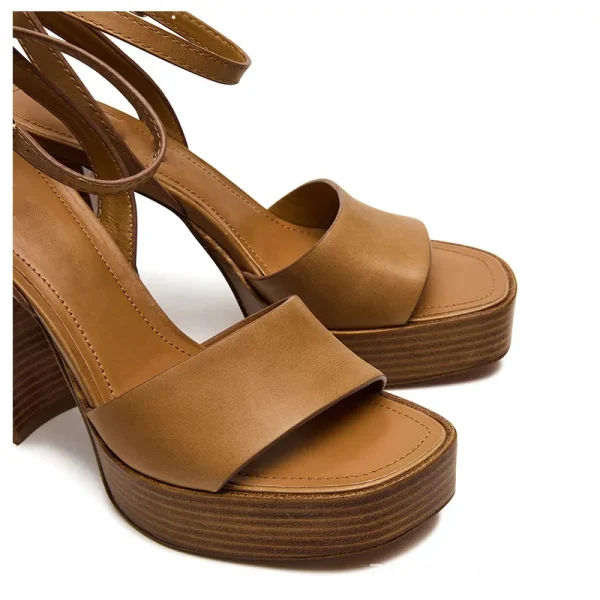 Summer Fashion Luxury High-end Handcrafted Lace up Brown Platform Thick High-Heeled Women's Sandals - Image 6
