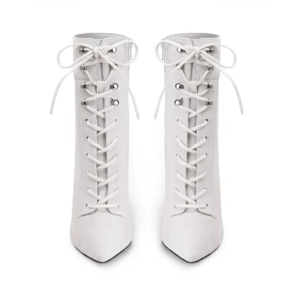 Genuine Leather Upper Lace up and Zipper Pointed Toe Beautiful 7 cm Thin High Heel Rubber Women Fashion Cheap White Gothic Boots - Image 4