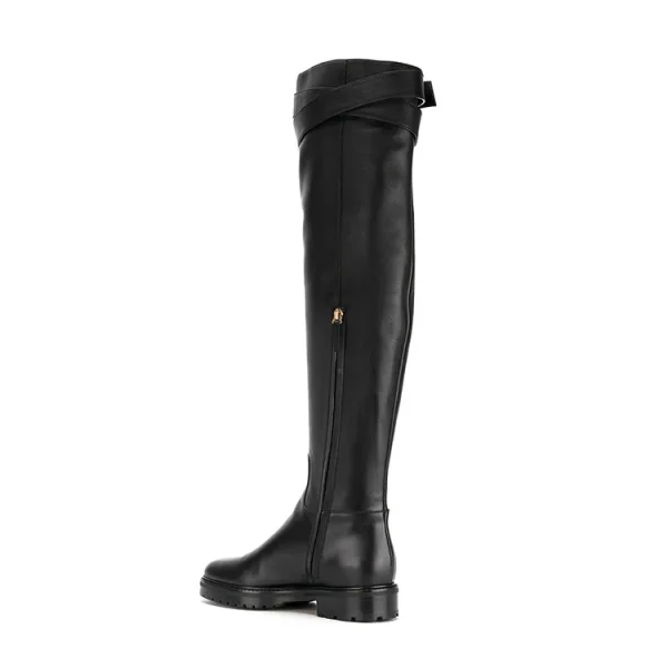 Latest Fashion Style Genuine Leather Strap Buckle Design Round Toe Flat Women Knee Boots Shoes Lady - Image 3