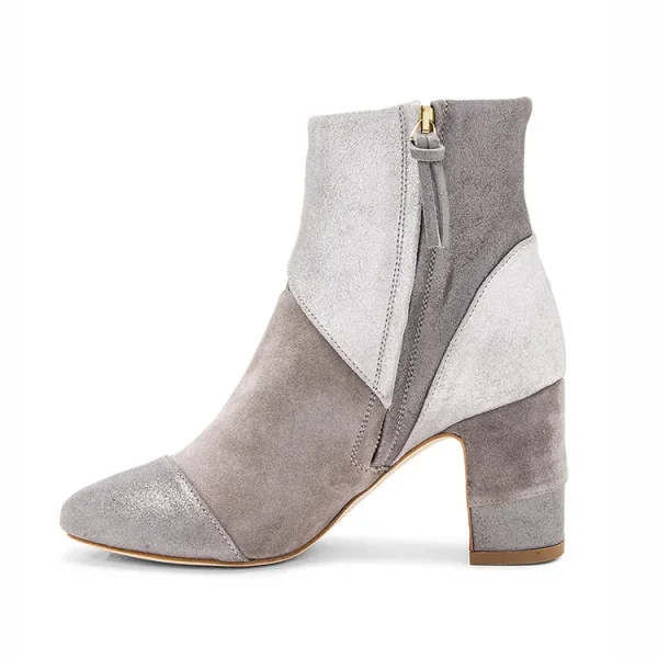 Suede Leather White and Light Brown 6 cm Chunky Round Toe Winter Casual Two Color Ladies Leather Heeled Boots Women Shoes - Image 5