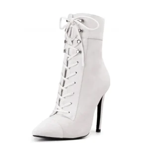 Genuine Leather Upper Lace up and Zipper Pointed Toe Beautiful 7 cm Thin High Heel Rubber Women Fashion Cheap White Gothic Boots