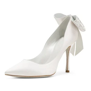 High Quality Fancy Stilettos Bowknot Bridal White Satin Wedding Luxury High Heels Women's Pumps