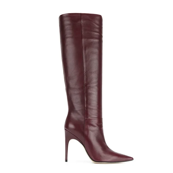 Leather Dark Red 10cm Thin High Heel Pointed Toe Dressy Winter Long Women Boots Shoes - Image 2