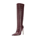 Leather Dark Red 10cm Thin High Heel Pointed Toe Dressy Winter Long Women Boots Shoes