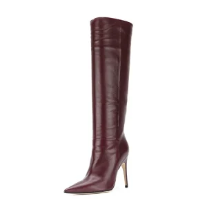 Leather Dark Red 10cm Thin High Heel Pointed Toe Dressy Winter Long Women Boots Shoes