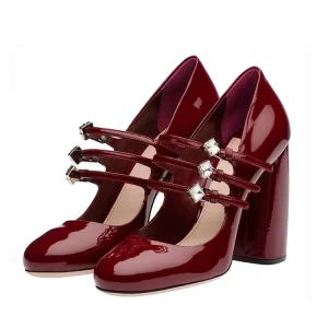 Fashion Show Patent Leather Shoes with Strap Round Toe High Heel Shoes for Women Pump Luxury Block Heel Sandal
