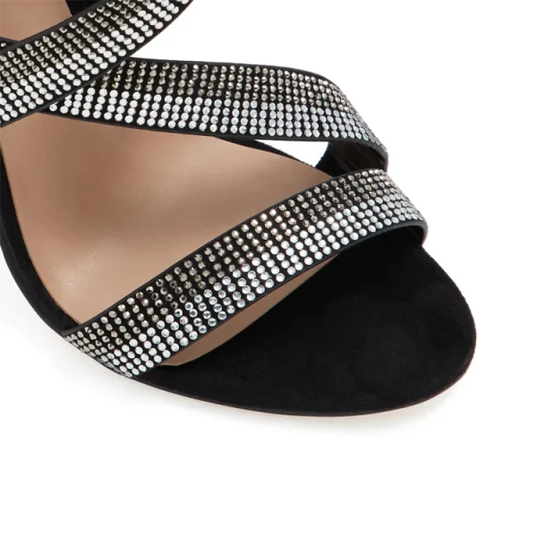 High End Rhinestone Bling Bling Footwear Luxury Women Black Block Heel Sandals Genuine Leather Shoes Heels for Ladies - Image 4