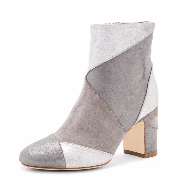 Suede Leather White and Light Brown 6 cm Chunky Round Toe Winter Casual Two Color Ladies Leather Heeled Boots Women Shoes
