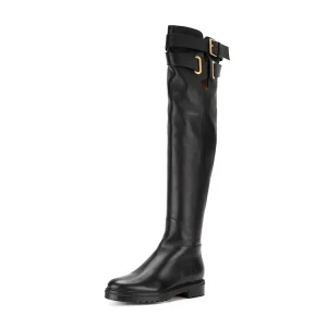 Latest Fashion Style Genuine Leather Strap Buckle Design Round Toe Flat Women Knee Boots Shoes Lady
