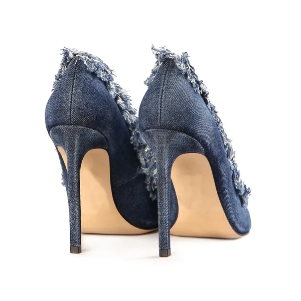 Summer New Design Trend Luxury Comfortable Frayed Denim 10cm High Heel Pointed Toe Women Pumps Shoes - Image 3
