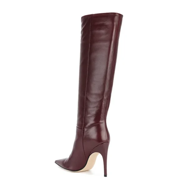 Leather Dark Red 10cm Thin High Heel Pointed Toe Dressy Winter Long Women Boots Shoes - Image 3