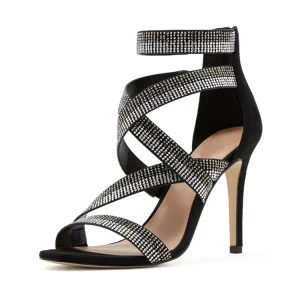 High End Rhinestone Bling Bling Footwear Luxury Women Black Block Heel Sandals Genuine Leather Shoes Heels for Ladies
