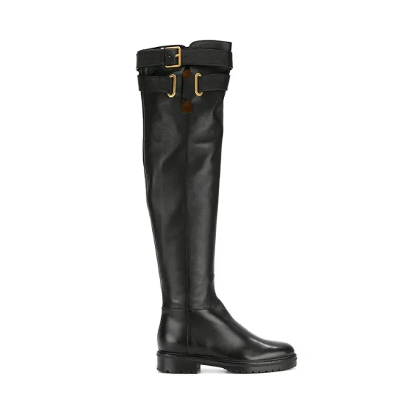 Latest Fashion Style Genuine Leather Strap Buckle Design Round Toe Flat Women Knee Boots Shoes Lady - Image 2