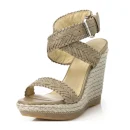 Beige Genuine Leather Woven Upper Buckle Strap Open Round Toe Fashion New Style High Heel Women Wedge Sandals Flat Shoes