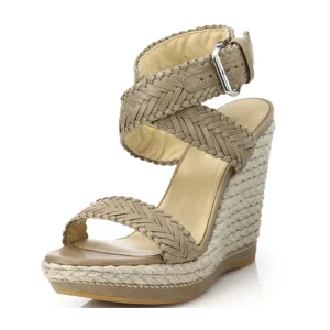 Beige Genuine Leather Woven Upper Buckle Strap Open Round Toe Fashion New Style High Heel Women Wedge Sandals Flat Shoes
