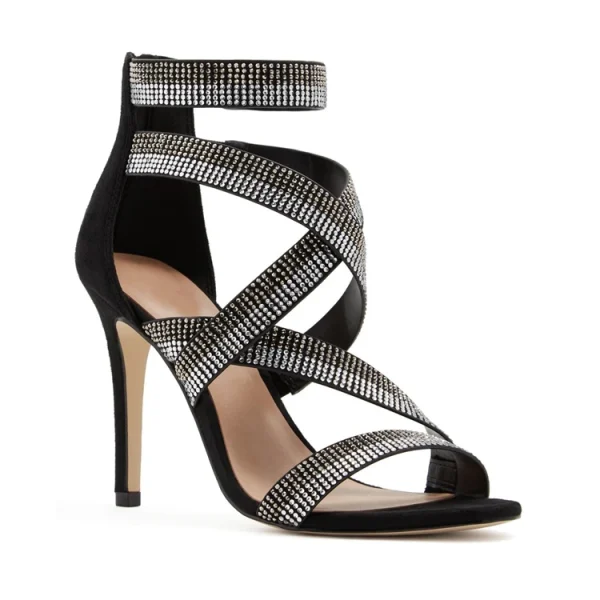High End Rhinestone Bling Bling Footwear Luxury Women Black Block Heel Sandals Genuine Leather Shoes Heels for Ladies - Image 5