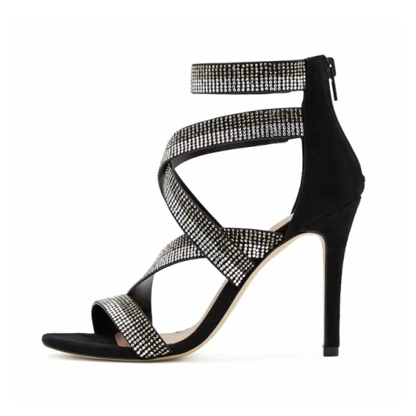 High End Rhinestone Bling Bling Footwear Luxury Women Black Block Heel Sandals Genuine Leather Shoes Heels for Ladies - Image 6