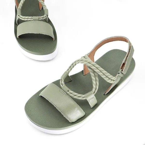Flat Sandals Women 2025 New Green Summer Flat Shoes Fairy Wind Leather Beach Sandals - Image 4