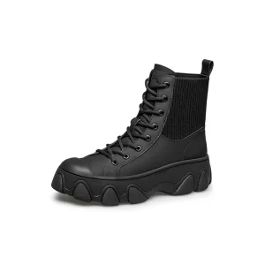 Black Trendy Women's Leather Upper Ankle Boots Fashion Winter Flat Women's Boots