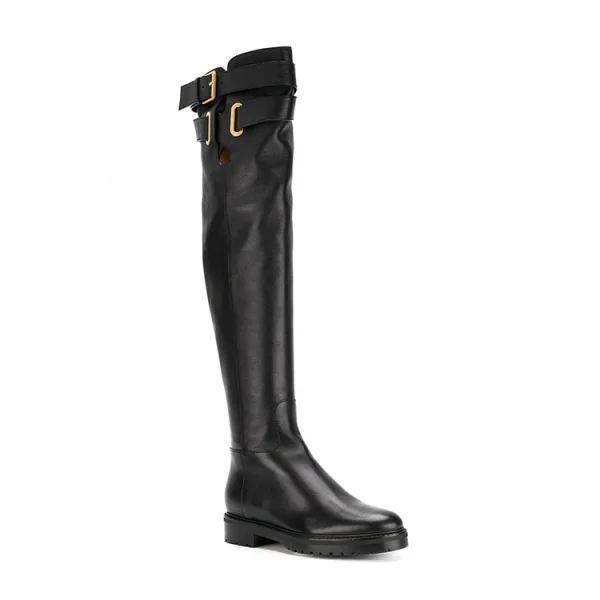 Latest Fashion Style Genuine Leather Strap Buckle Design Round Toe Flat Women Knee Boots Shoes Lady - Image 5