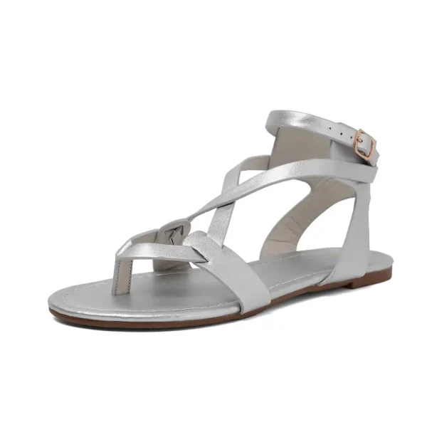 Summer Fashion Black Natural Leather Open Toes Strap Women's Casual Shoes Thong Ladies Flats Sandals - Image 2