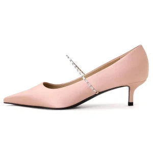 Fashion Commute Luxury Satin Embellished-Strap Pointed-Toe Low Heel Women Pumps Shoes