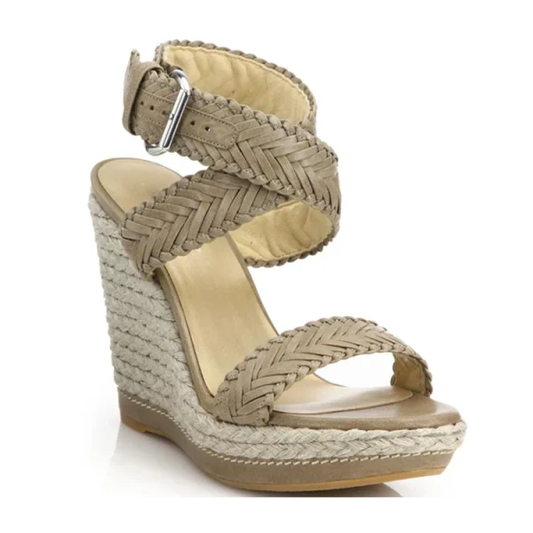 Beige Genuine Leather Woven Upper Buckle Strap Open Round Toe Fashion New Style High Heel Women Wedge Sandals Flat Shoes - Image 5