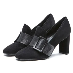 New Design Fashion Leather High Heels Shoes for Women Pumps Ladies Block Heels Loafers Shoes