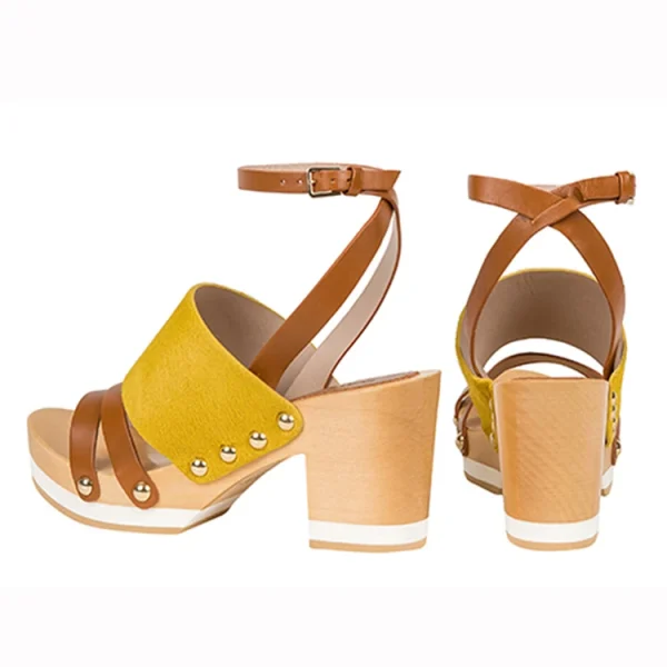 Quality New Fashion for Summer Yellow and Tan Color Women High Heel Wooden Sandals - Image 3