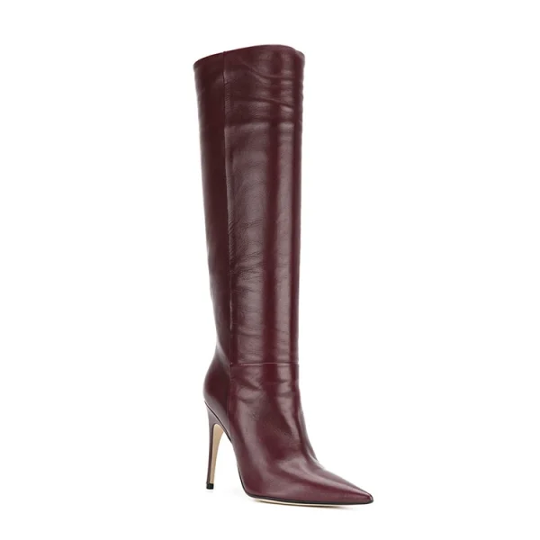 Leather Dark Red 10cm Thin High Heel Pointed Toe Dressy Winter Long Women Boots Shoes - Image 5