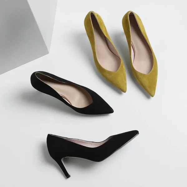 Fashion Classic Zapatos Mujer Designers Yellow Kid Suede Pointed Toe Party Ladies Heel Shoes Women's Pumps - Image 6