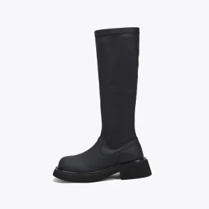 Pu Black British Style Breathable Stretch Knee High Knight Boots
